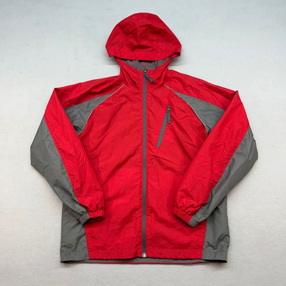 Columbia Youth Red Grey Colorblock Hooded Windbreaker Jacket Size 14/16 L